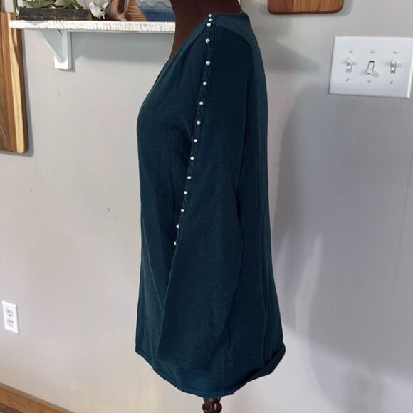 Soft surroundings crewneck pearl trimmed sweater womens size small green soft fe - Picture 3 of 10